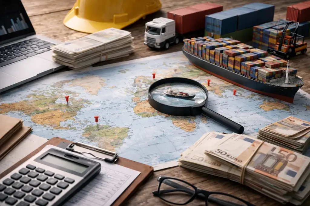 Arbeitsplatz mit Karte, Container-Schiffsmodell, Taschenrechner und Unterlagen zur Planung internationaler Lieferketten