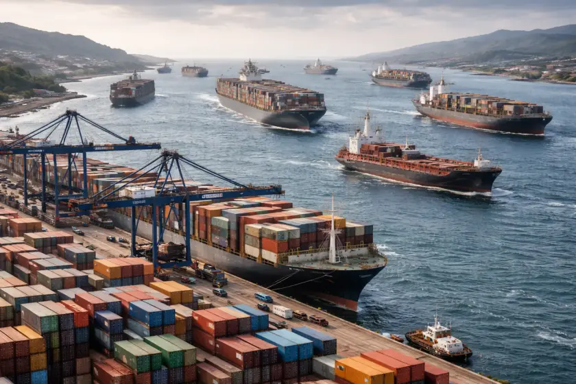 Wartende Frachtschiffe vor einem Containerterminal mit gestapelten Seecontainern