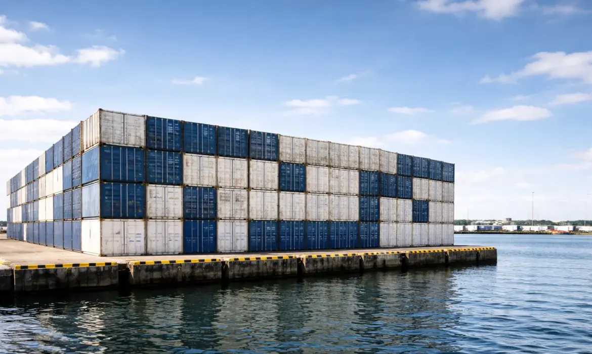 Gestapelte gebrauchte Container als Schutzwand direkt am Wasser im Hafen von Cuxhaven