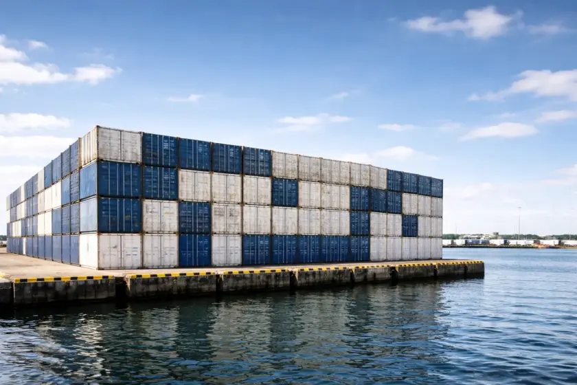 Gestapelte gebrauchte Container als Schutzwand direkt am Wasser im Hafen von Cuxhaven