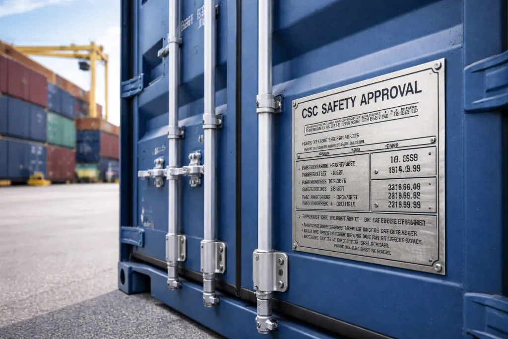 CSC-Plakette (Safety Approval Plate) an der Containertür im Hafen – Nachweis der Sicherheitszulassung