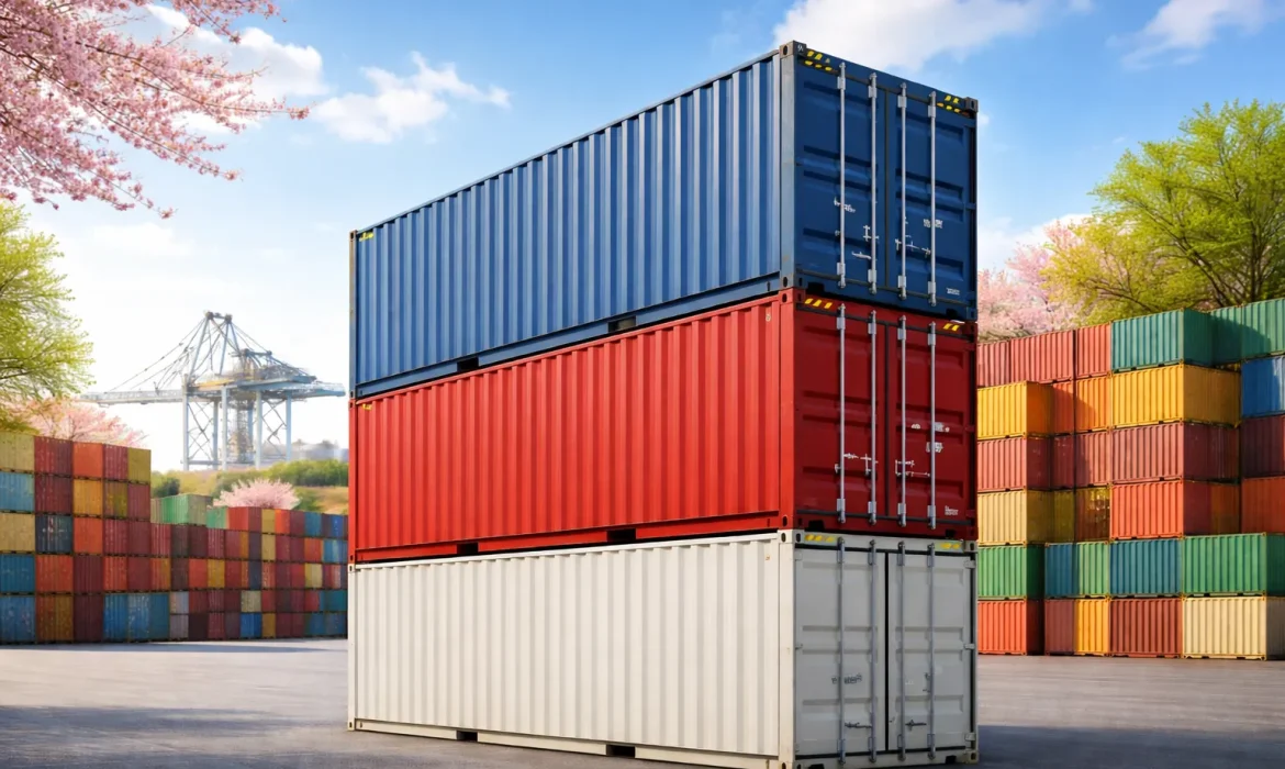 Gestapelte ISO-Container im Containerterminal im Frühling