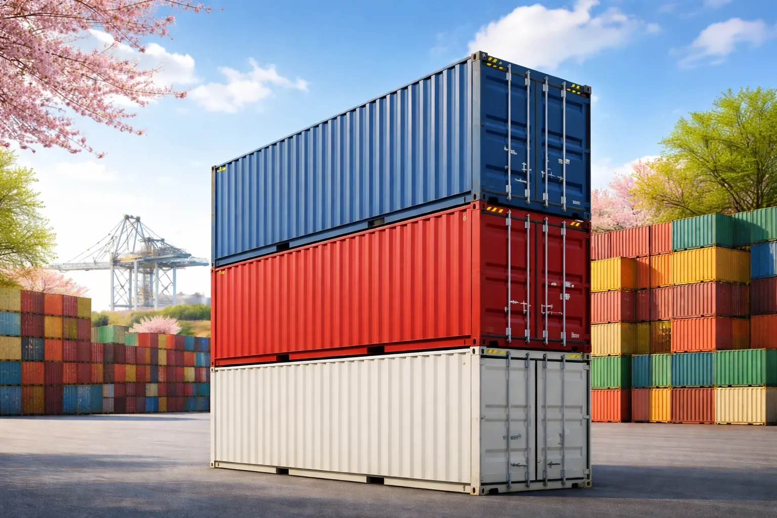 Gestapelte ISO-Container im Containerterminal im Frühling