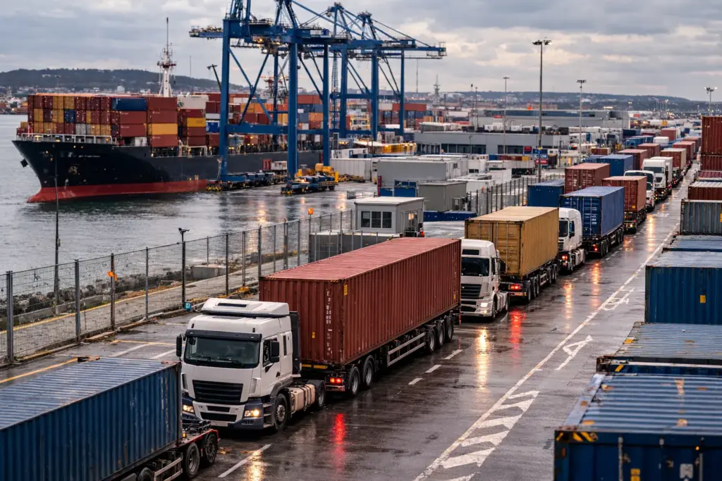 Containerterminal mit wartenden Lkw, gestapelten Seecontainern und Schiff