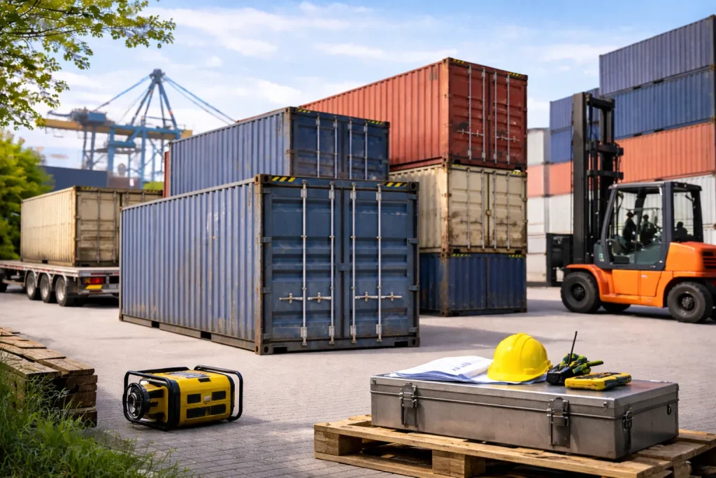 Gebrauchter 20-Fuß-Seecontainer auf einem Containerplatz mit Transport- und Logistikumfeld in Hamburg