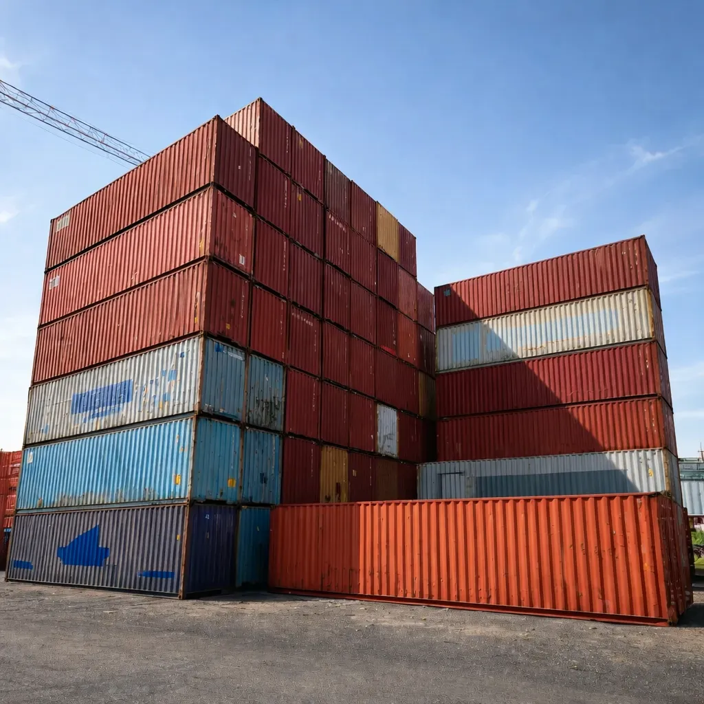 Gebrauchte 40 Fuß High Cube Container auf dem Lagerplatz, mehrfach gestapelt im Containerdepot.